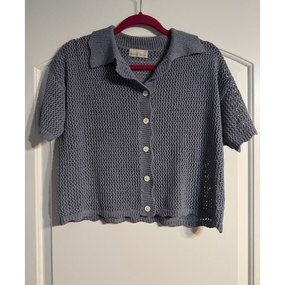 Becool Crochet Cardigan Small Blue Open Knit Polo Short-Sleeve Boho Beachy Airy